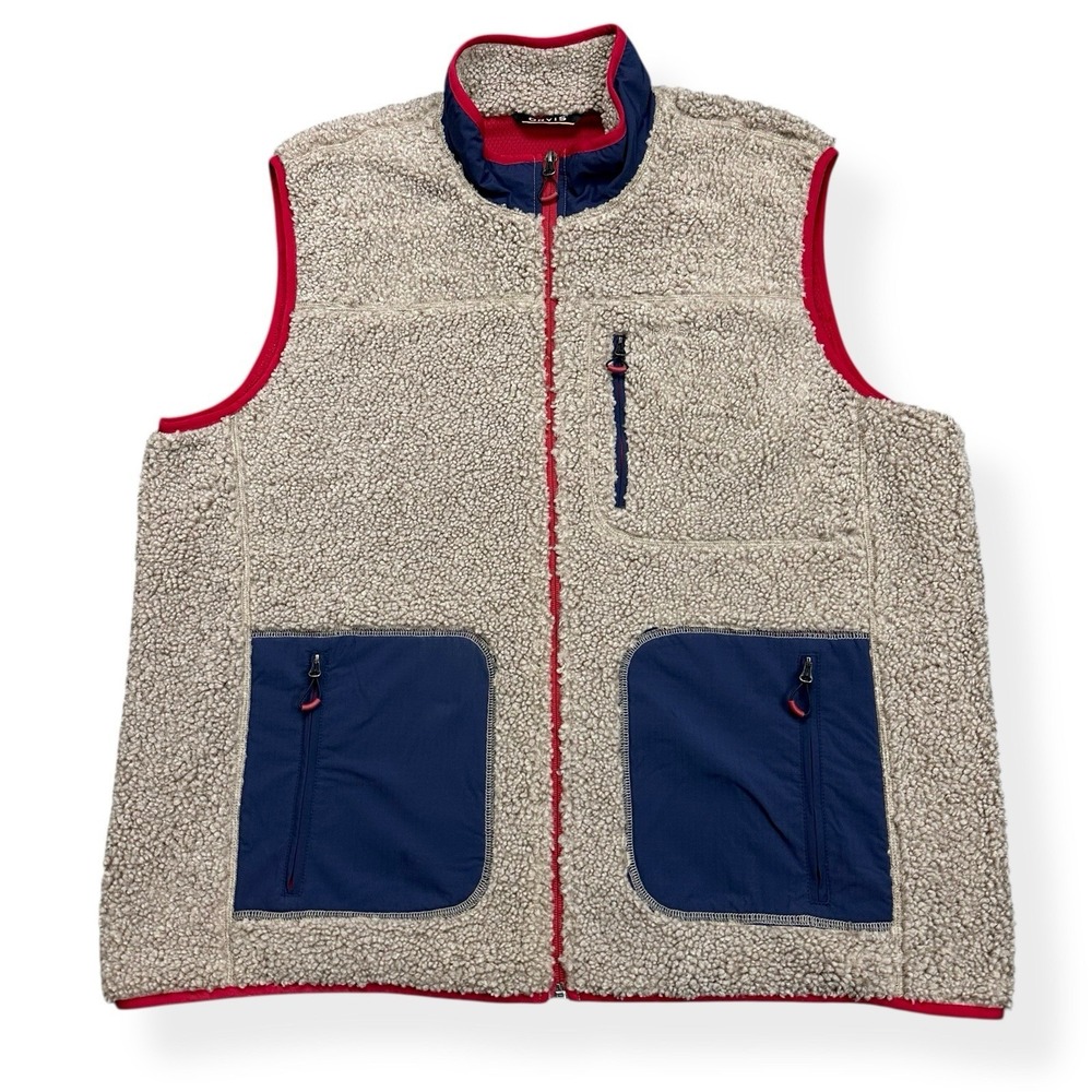 Orvis Mad River‎ High Pile Sherpa Fleece Full Zip Vest Men's 2XL Tan Navy Red